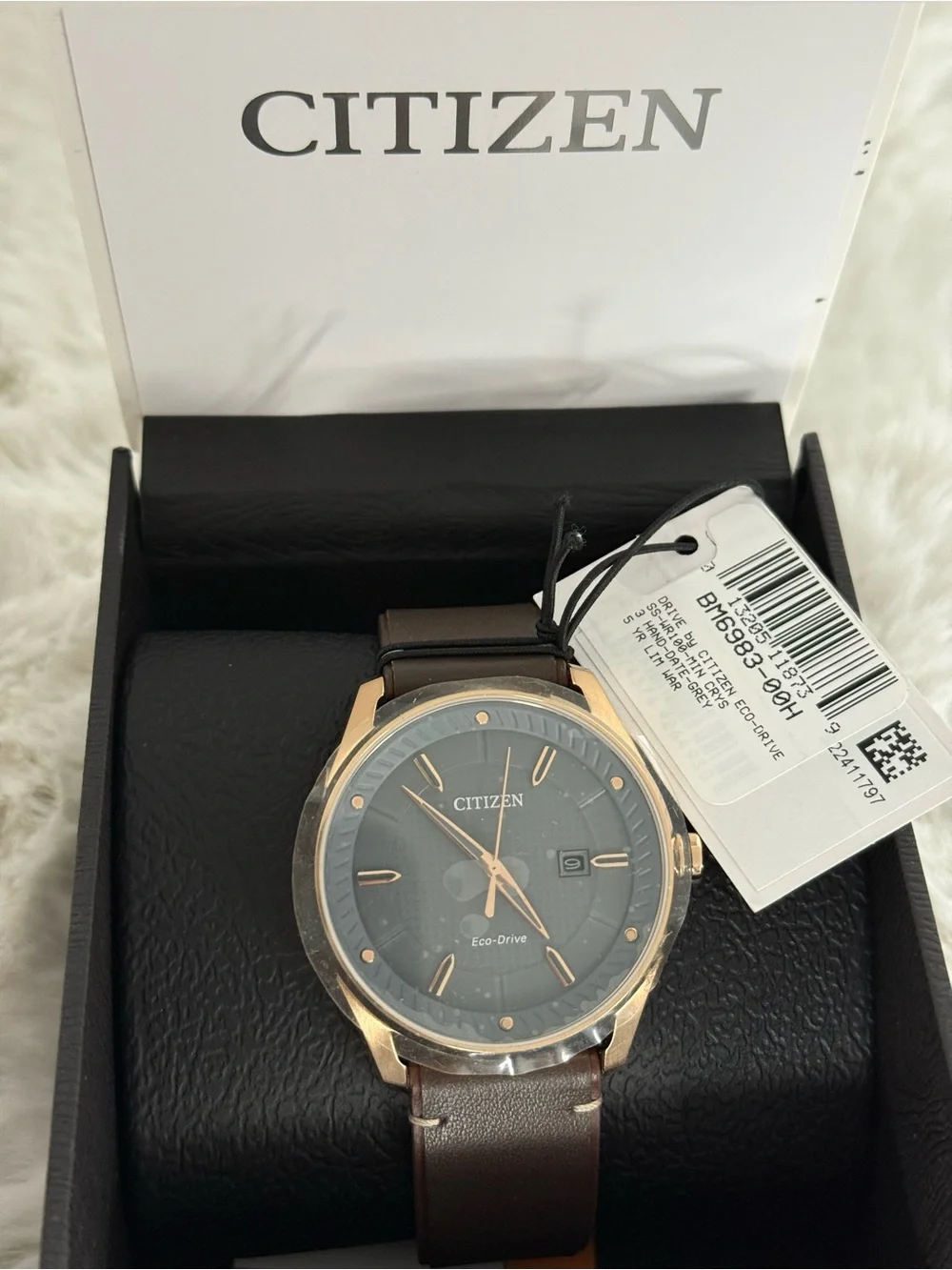 Citizen Eco-Drive Men’s Watch BM6983-00H Rose Gold Gray Dial NWT Box